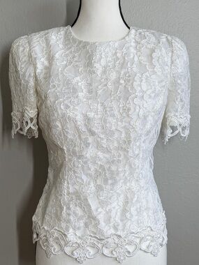 Vintage 80s Cachet White Lace Top Bari Protas Victorian Revival Coquette SZ4